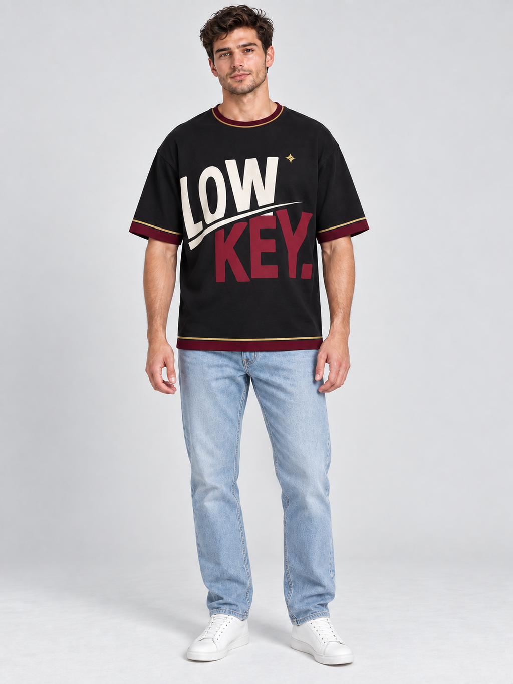 Low Key High Standard oversized cotton T-shirt — front on-model digital styling illustration with denim