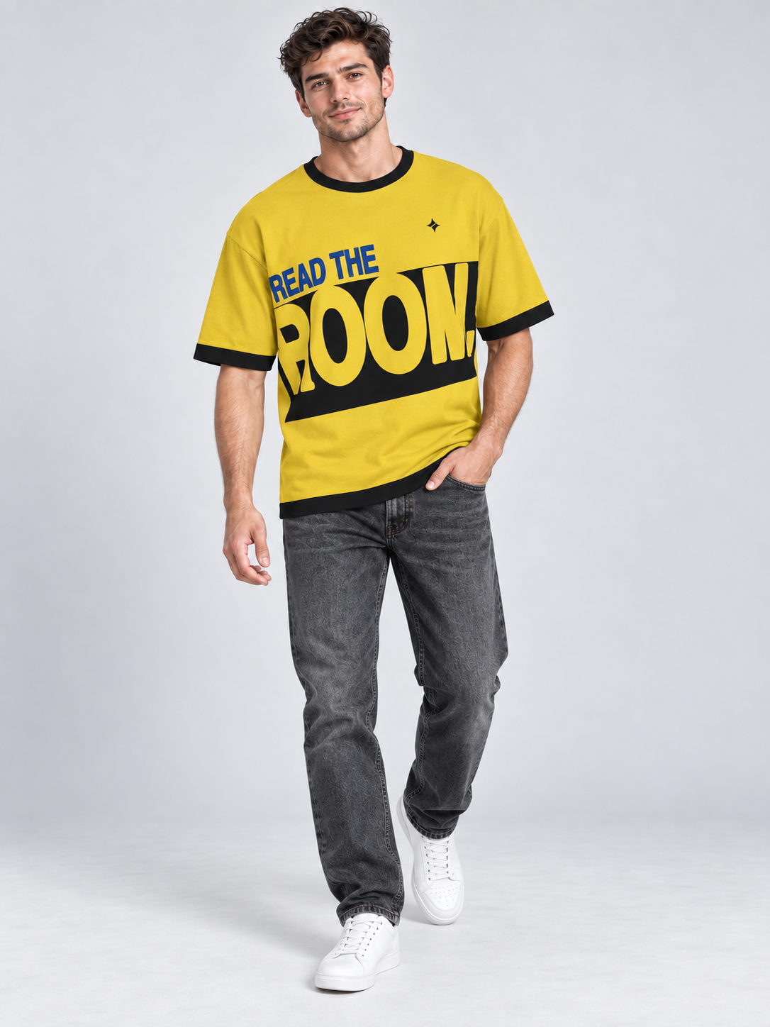 Read the Room oversized cotton T-shirt — campaign on-model digital styling illustration with denim