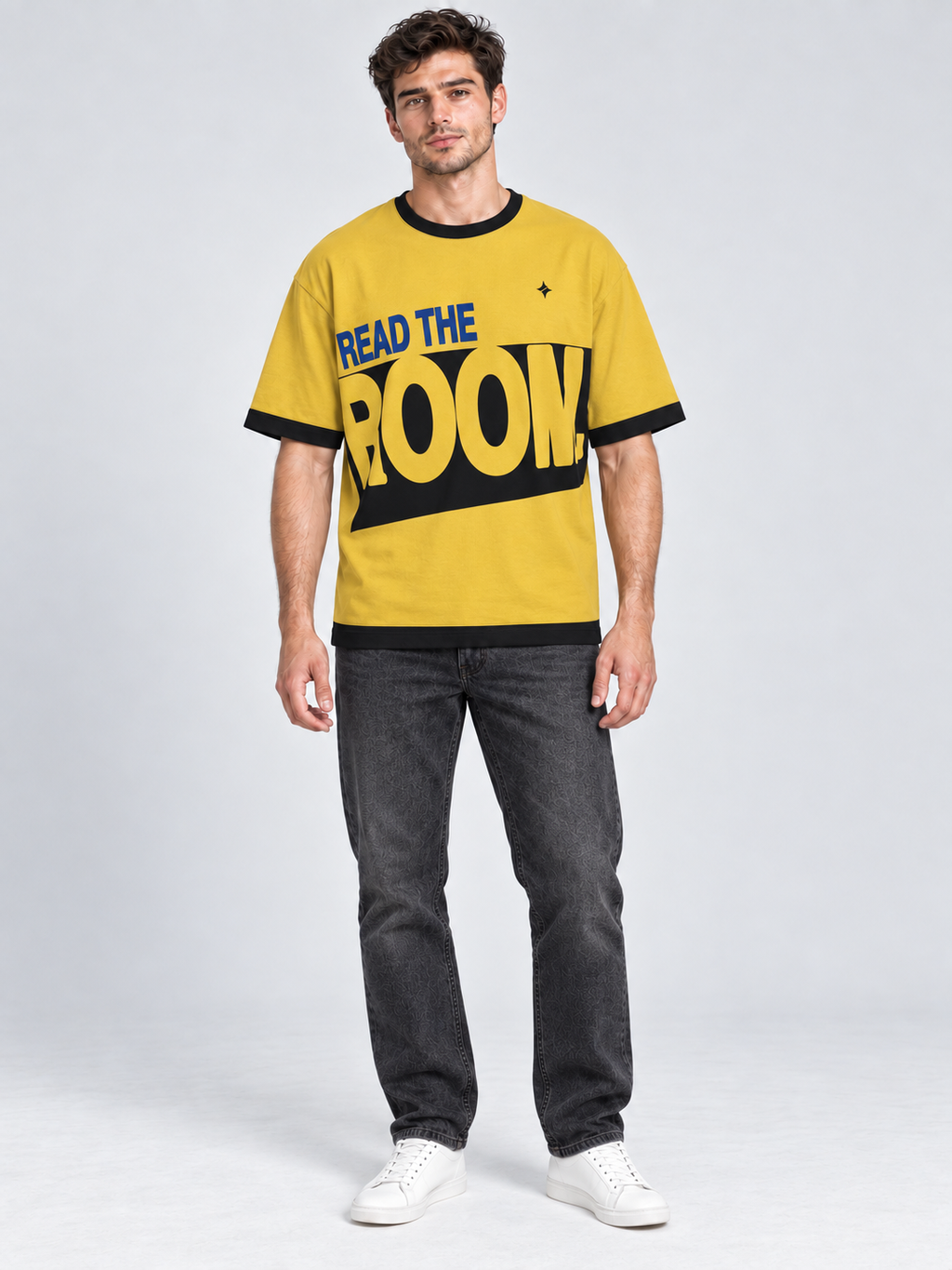 Read the Room oversized cotton T-shirt — front on-model digital styling illustration with denim