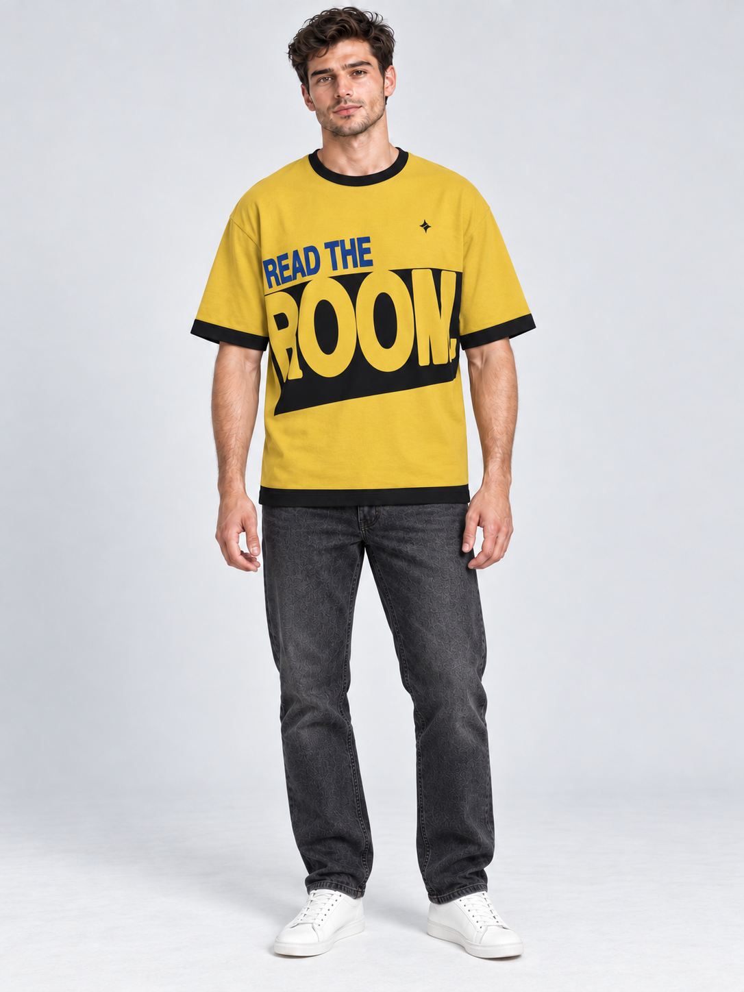 Read the Room oversized cotton T-shirt — front on-model digital styling illustration with denim