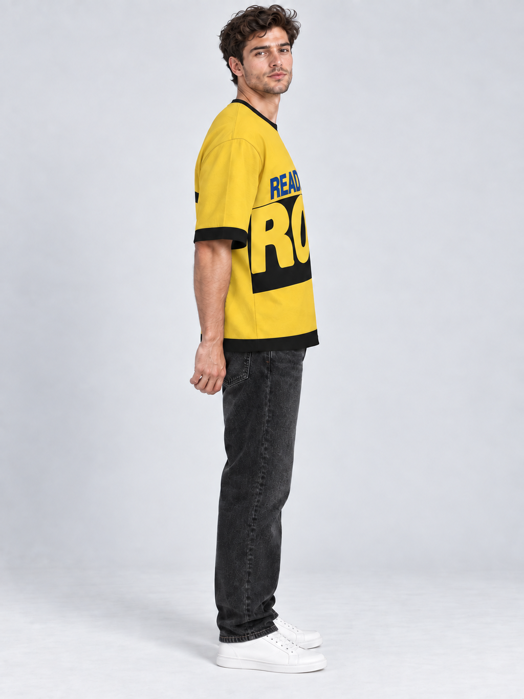 Read the Room oversized cotton T-shirt — side on-model digital styling illustration with denim