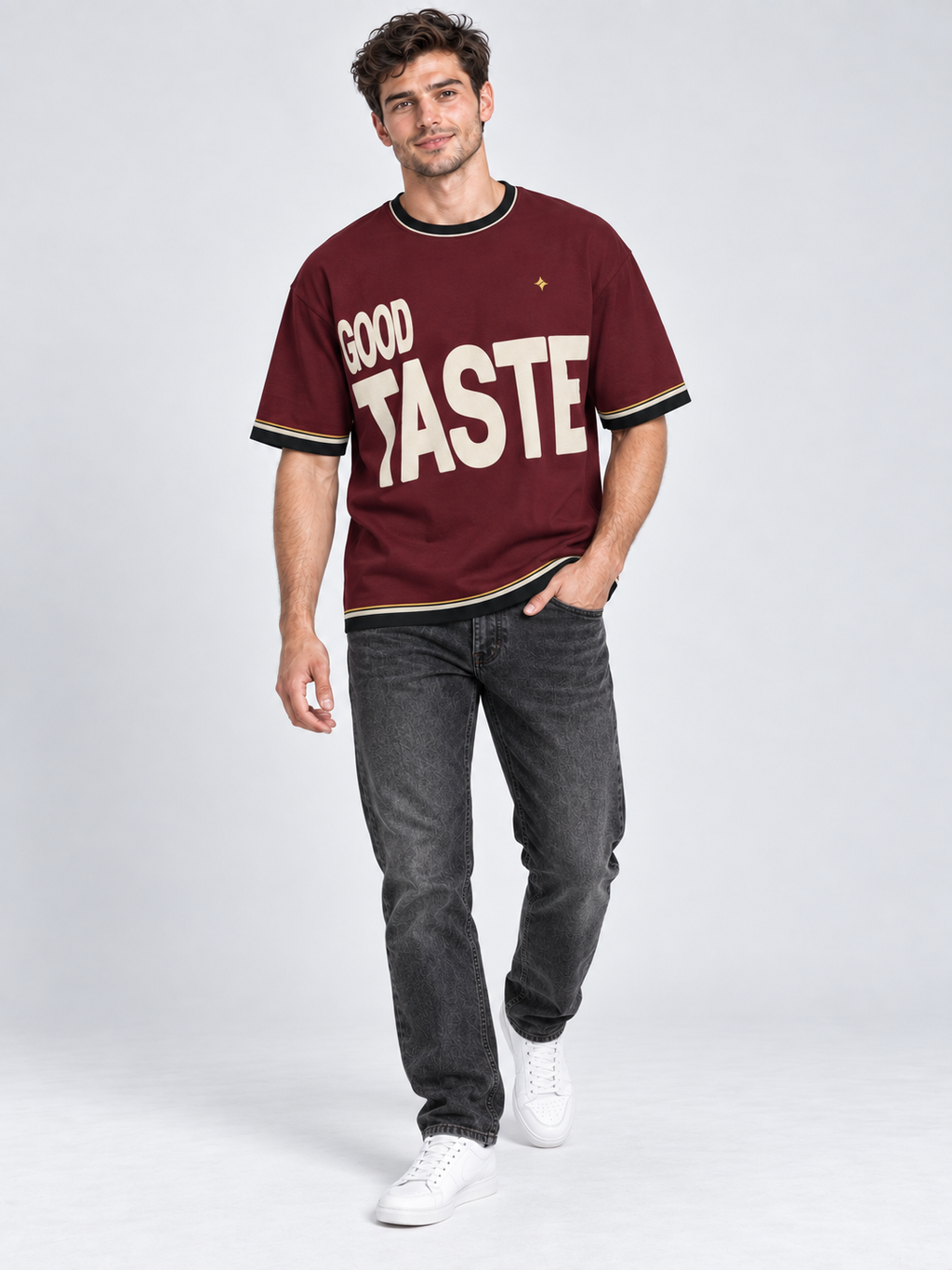 Good Taste Bad Timing oversized cotton T-shirt — campaign on-model digital styling illustration with denim