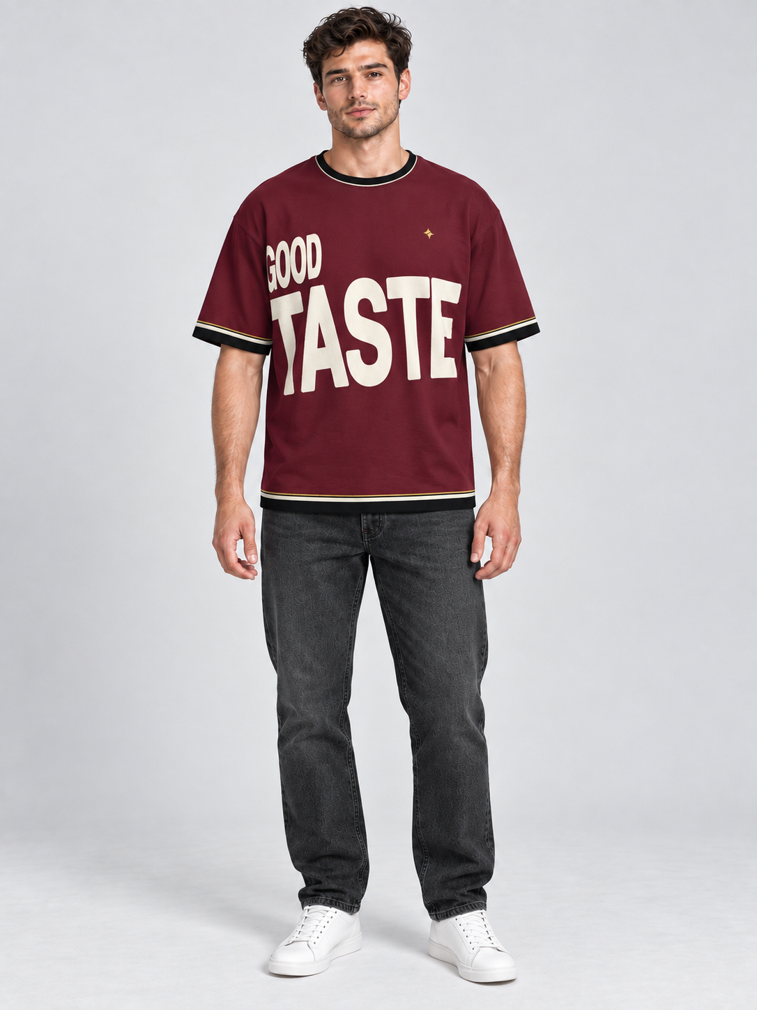 Good Taste Bad Timing oversized cotton T-shirt — front on-model digital styling illustration with denim