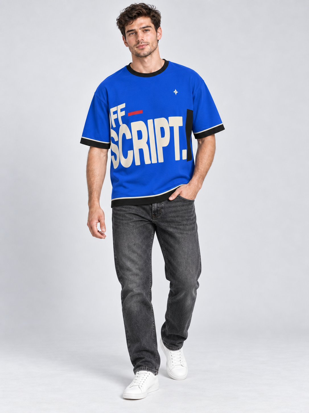 Off Script oversized cotton T-shirt — campaign on-model digital styling illustration with denim