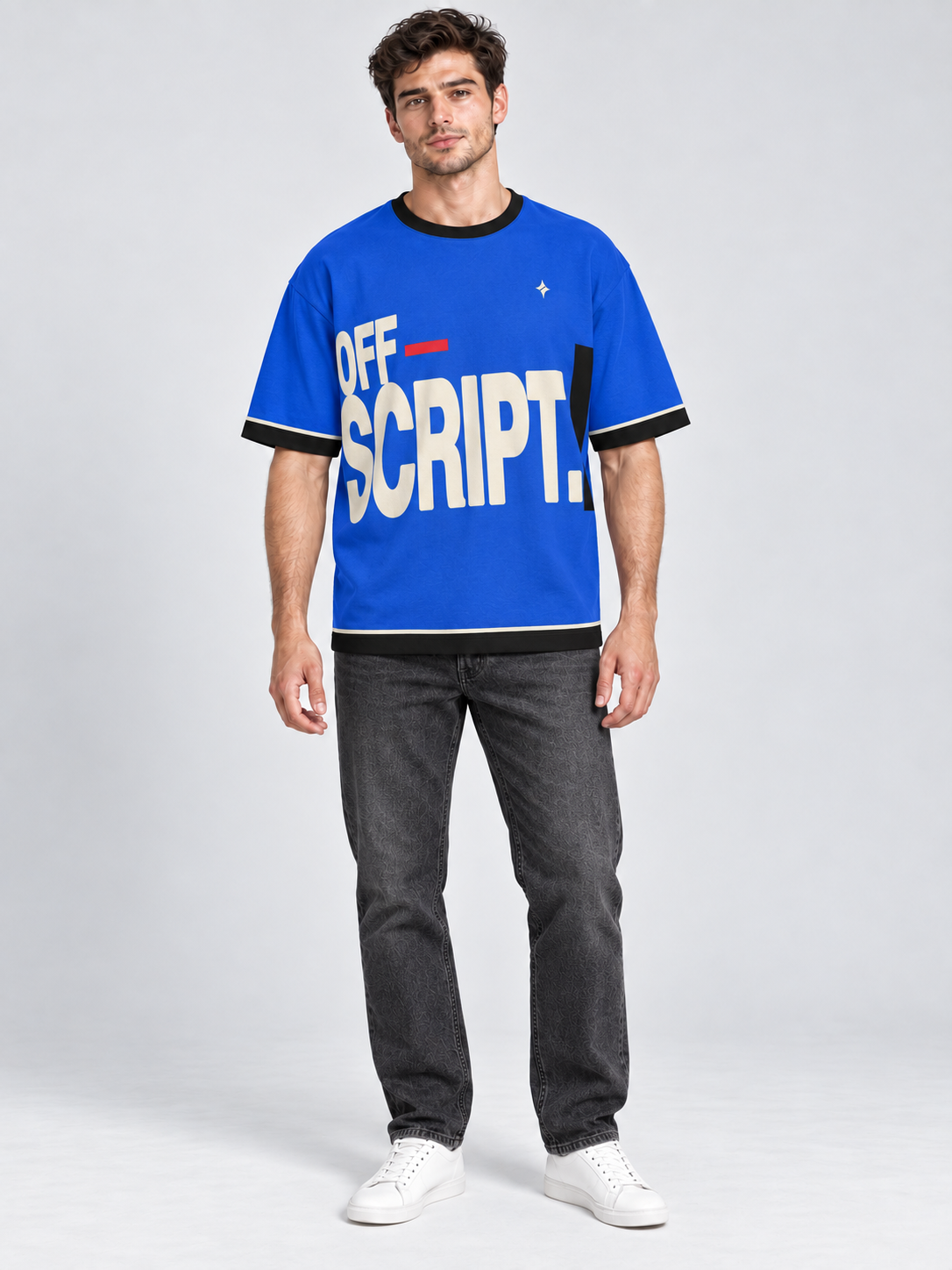 Off Script oversized cotton T-shirt — front on-model digital styling illustration with denim