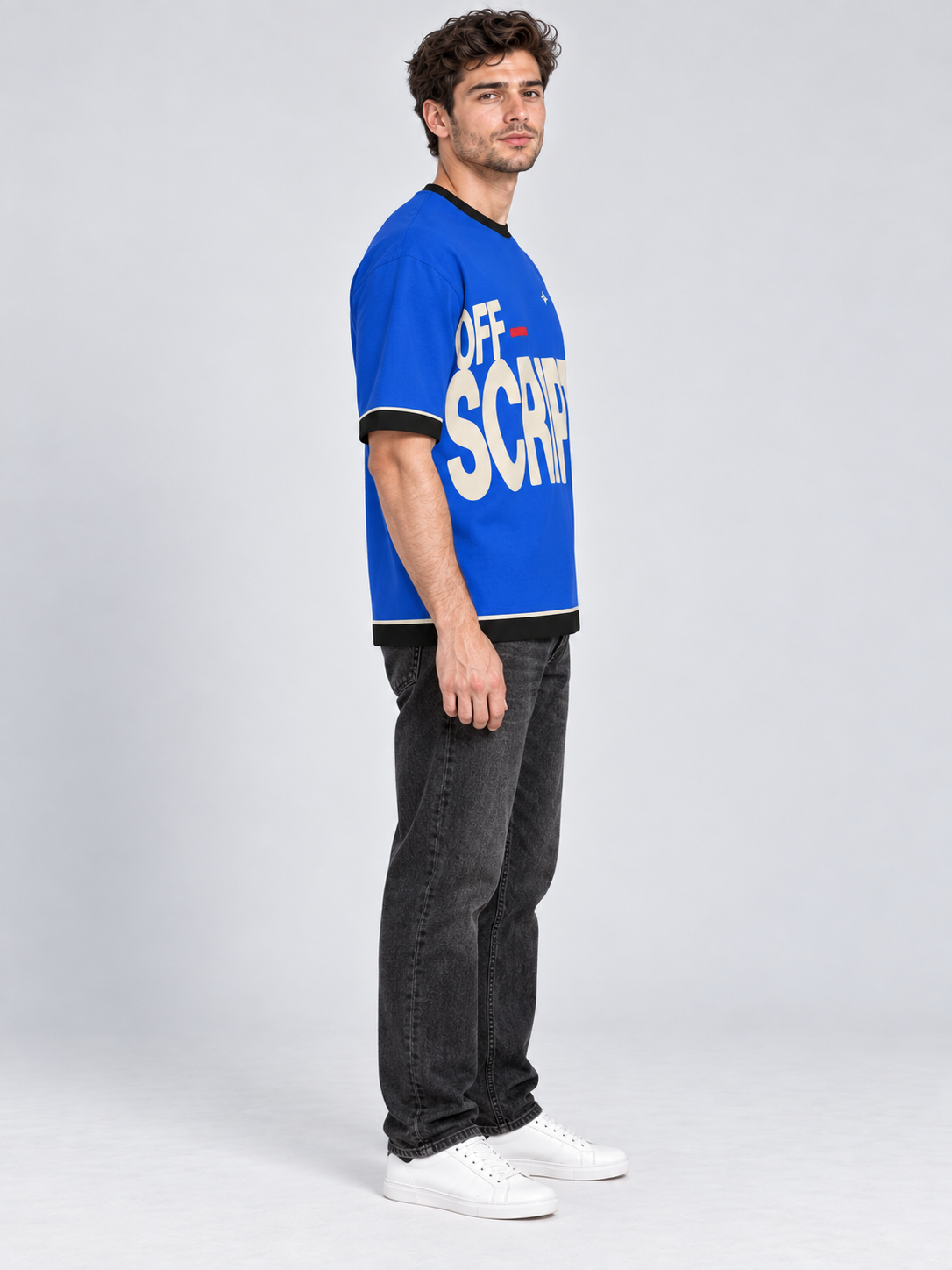 Off Script oversized cotton T-shirt — side on-model digital styling illustration with denim