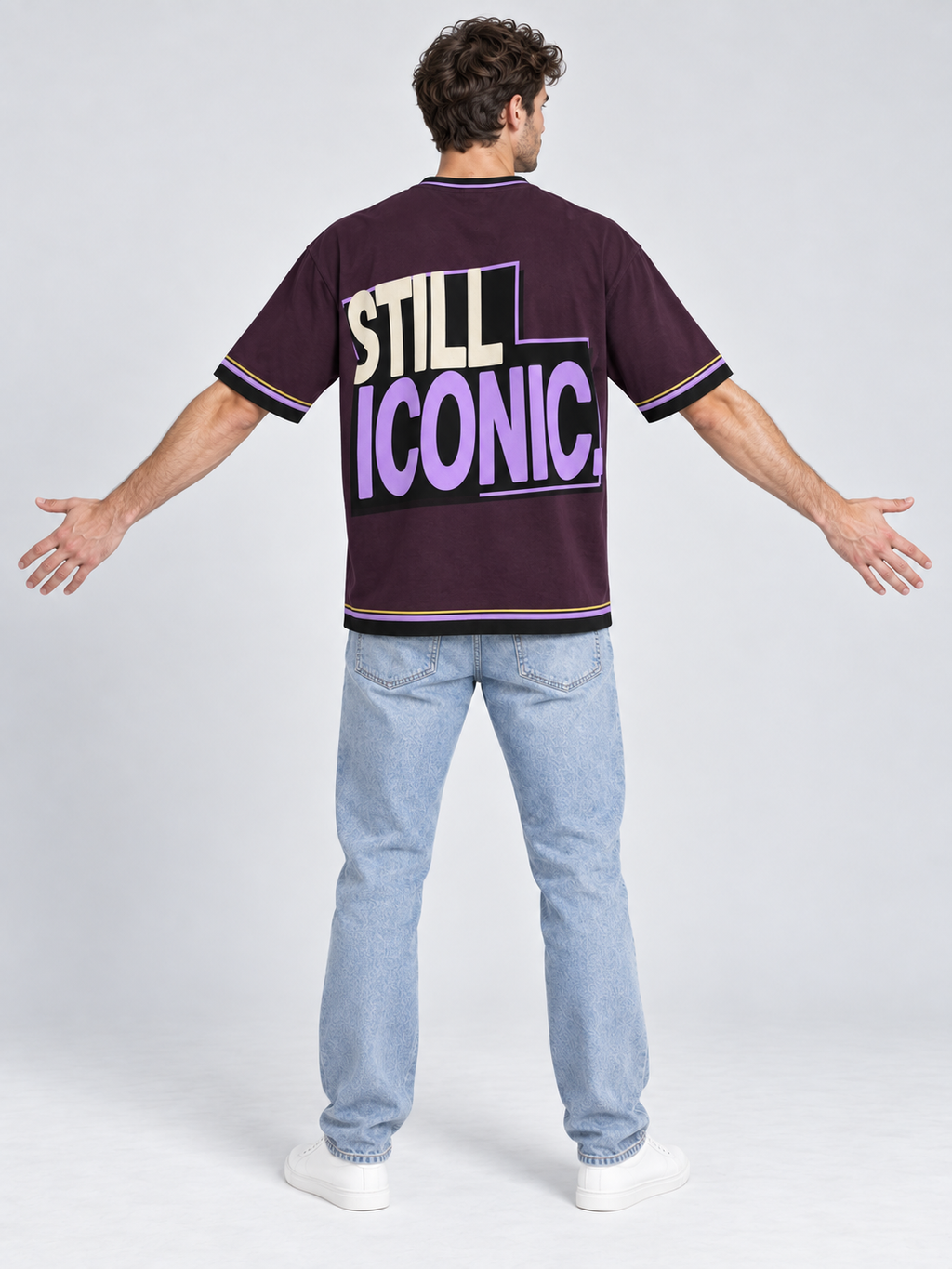 No Context Still Iconic oversized cotton T-shirt — back on-model digital styling illustration with denim