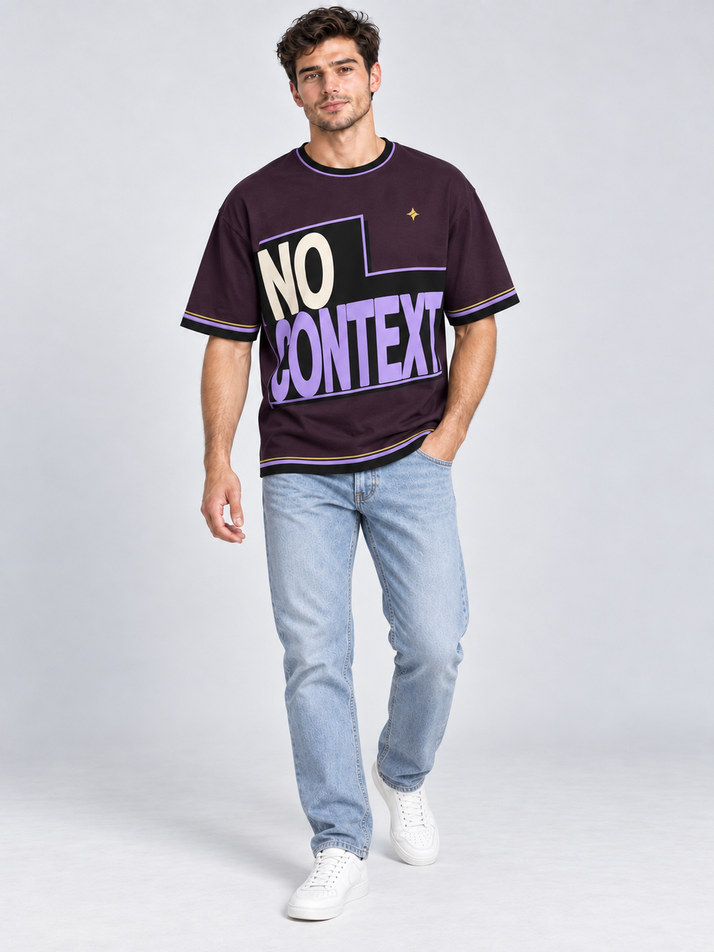 No Context Still Iconic oversized cotton T-shirt — campaign on-model digital styling illustration with denim
