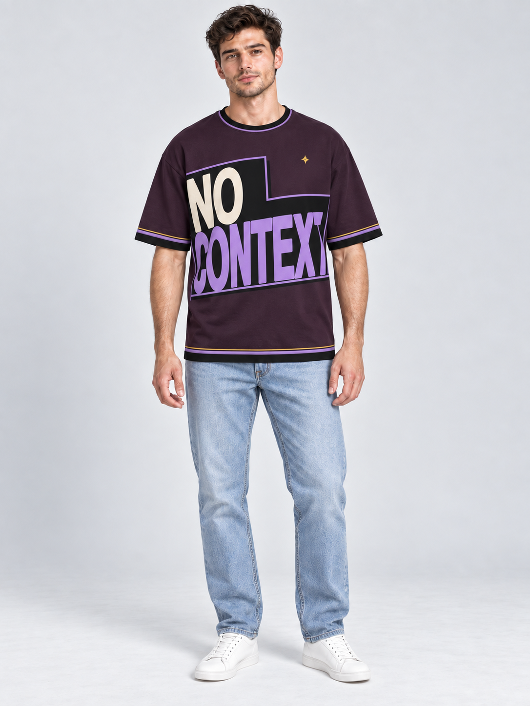 No Context Still Iconic oversized cotton T-shirt — front on-model digital styling illustration with denim