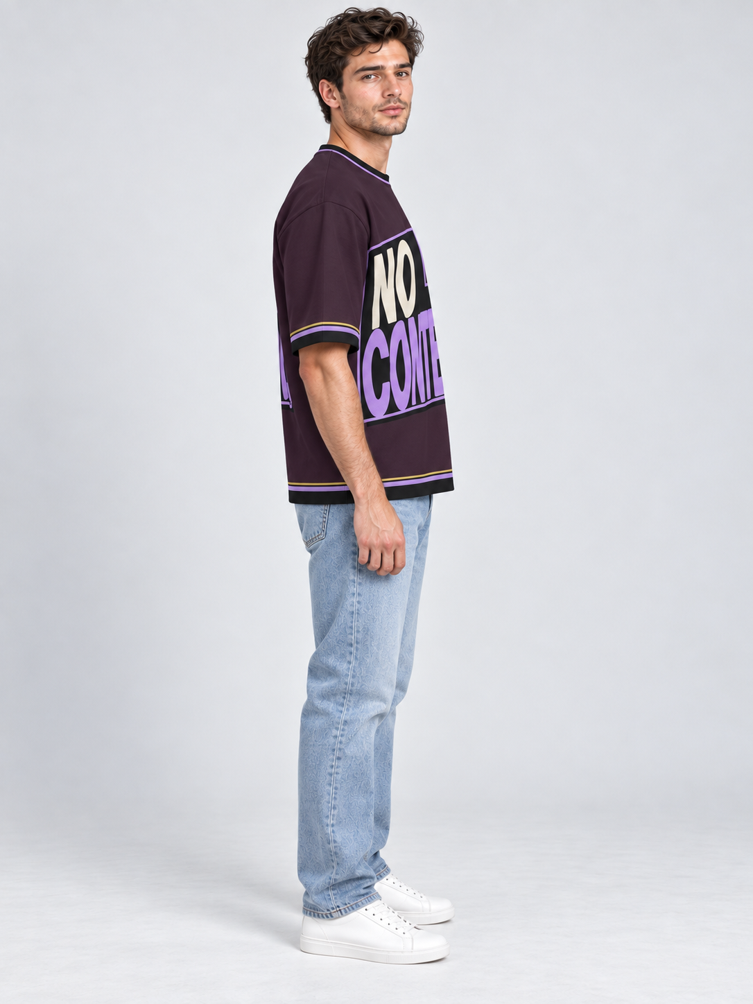 No Context Still Iconic oversized cotton T-shirt — side on-model digital styling illustration with denim