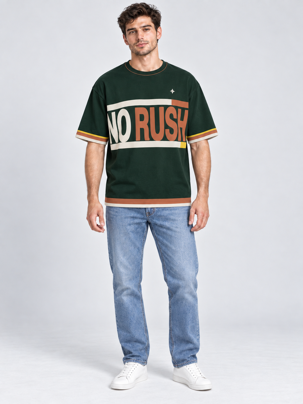 No Rush Still Ahead oversized cotton T-shirt — front on-model digital styling illustration with denim