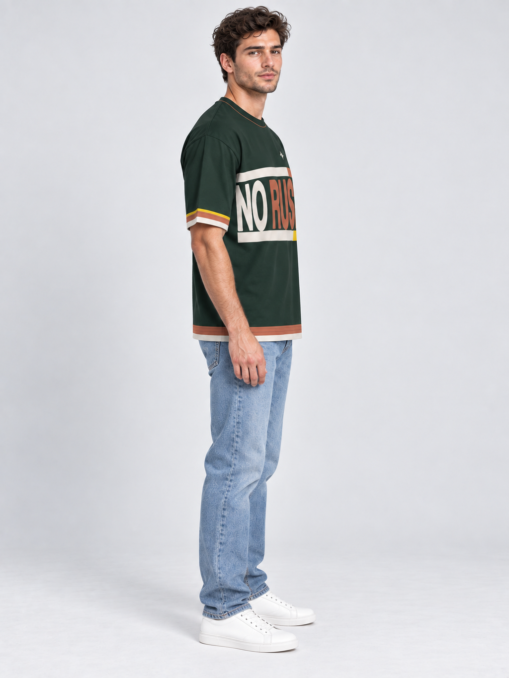 No Rush Still Ahead oversized cotton T-shirt — side on-model digital styling illustration with denim