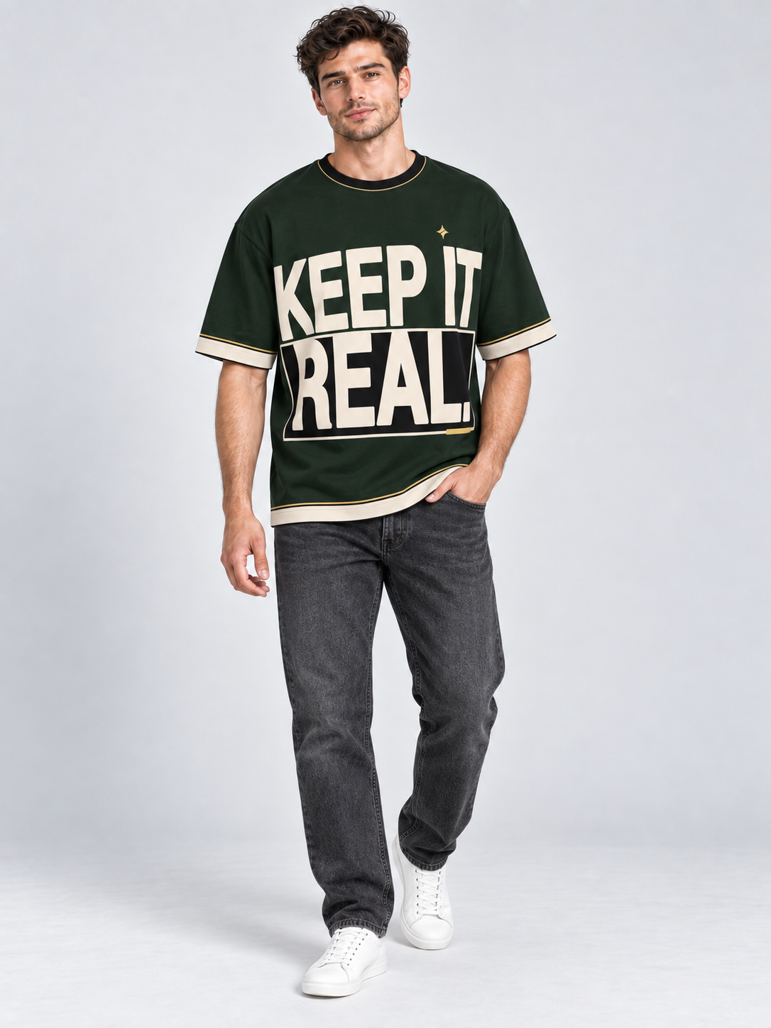 Keep It Real oversized cotton T-shirt — campaign on-model digital styling illustration with denim