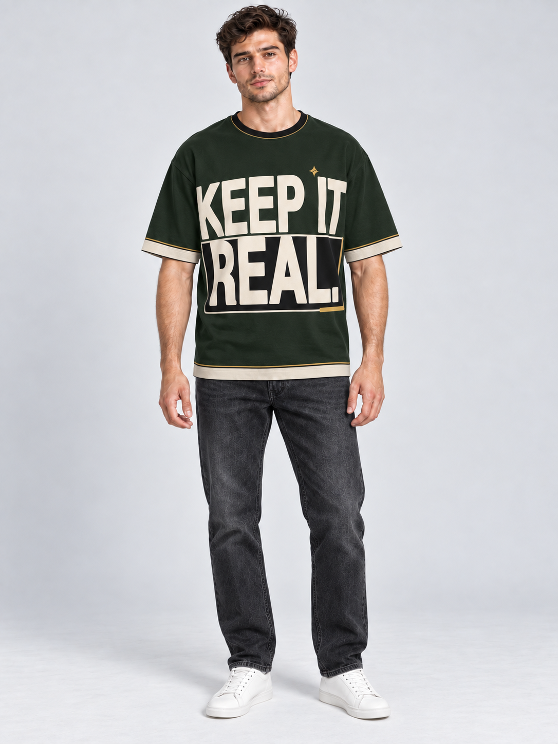 Keep It Real oversized cotton T-shirt — front on-model digital styling illustration with denim