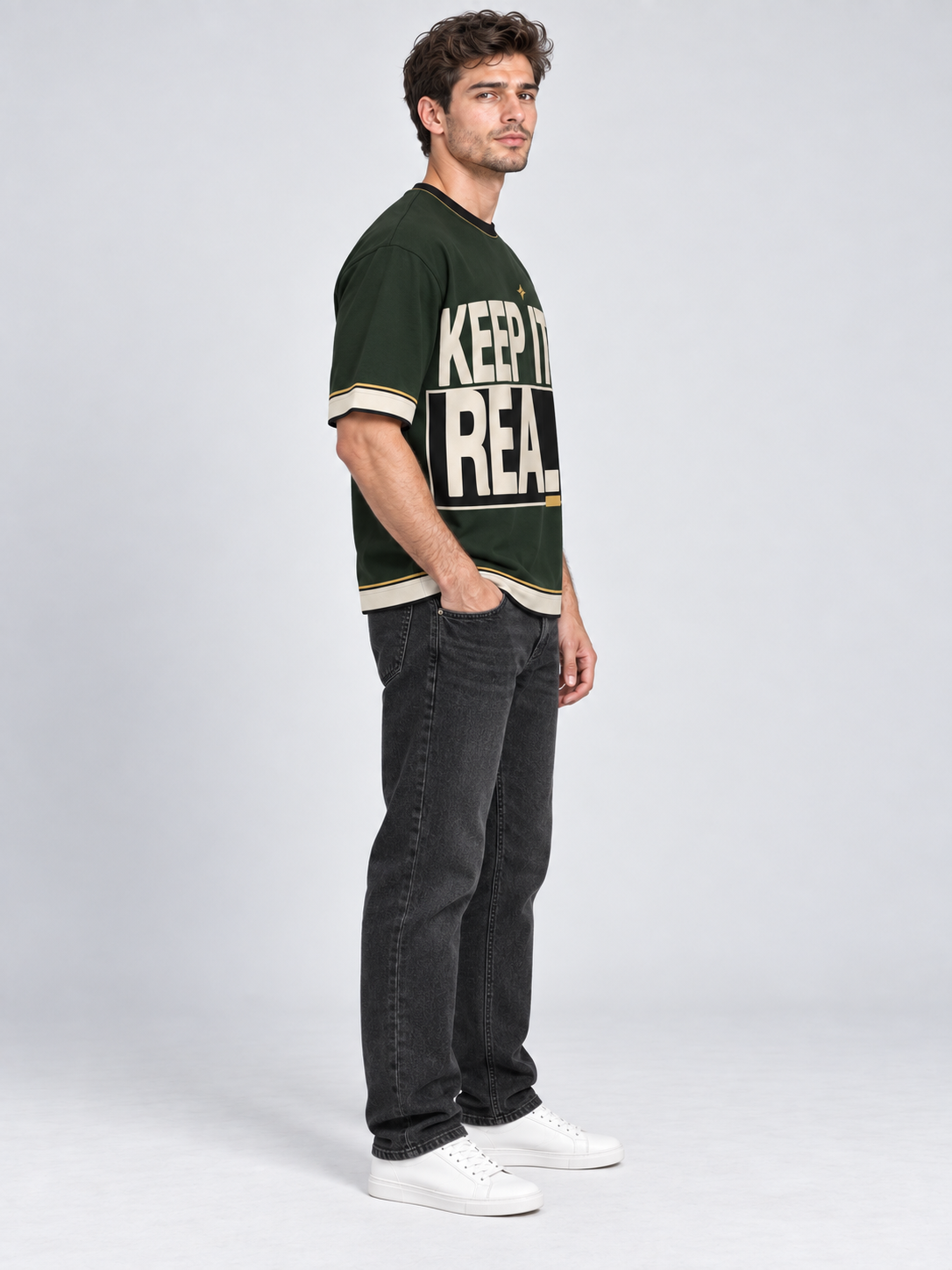 Keep It Real oversized cotton T-shirt — side on-model digital styling illustration with denim