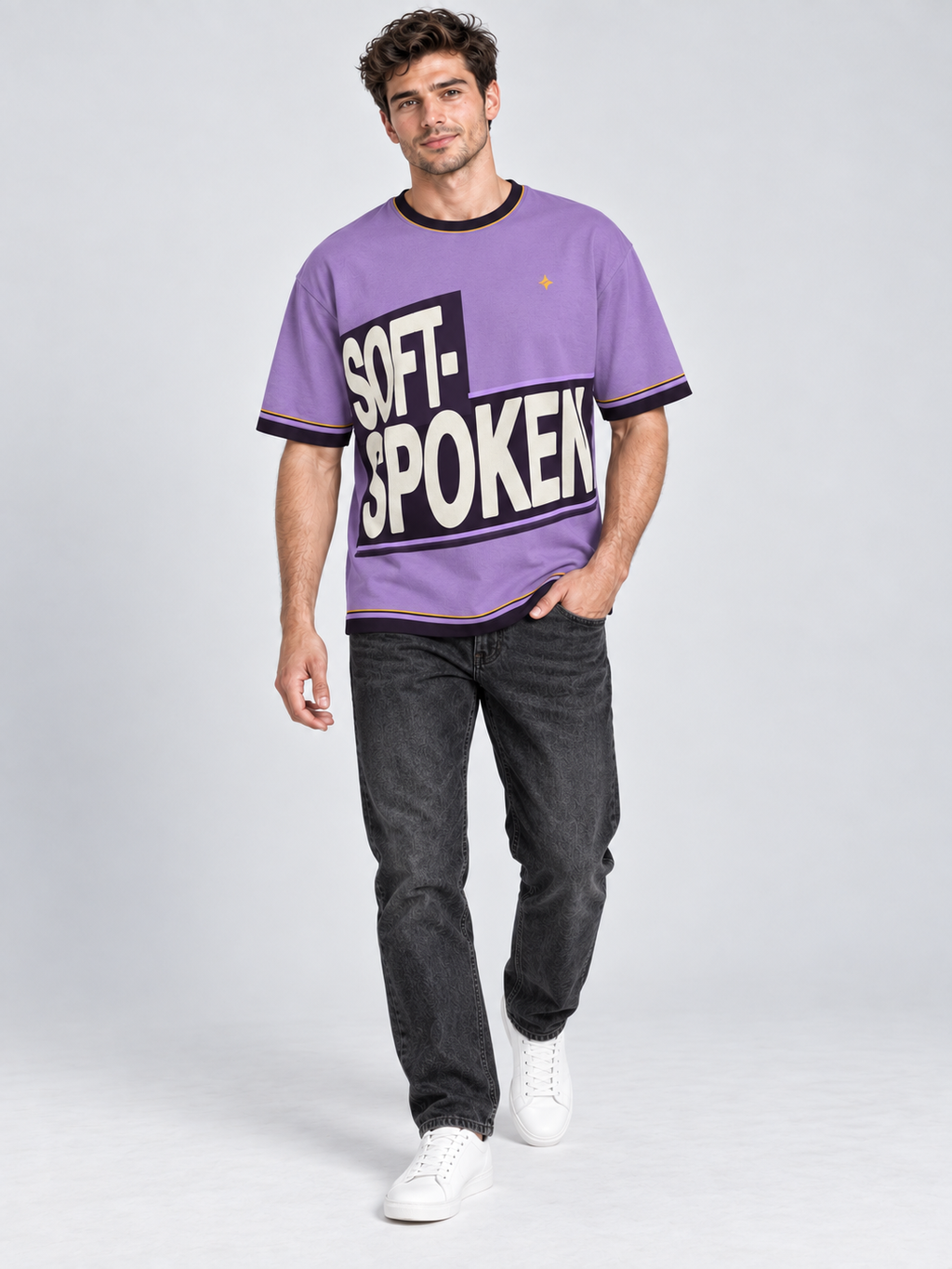 Soft Spoken oversized cotton T-shirt — campaign on-model digital styling illustration with denim