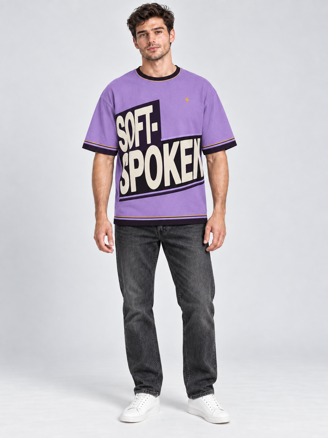 Soft Spoken oversized cotton T-shirt — front on-model digital styling illustration with denim