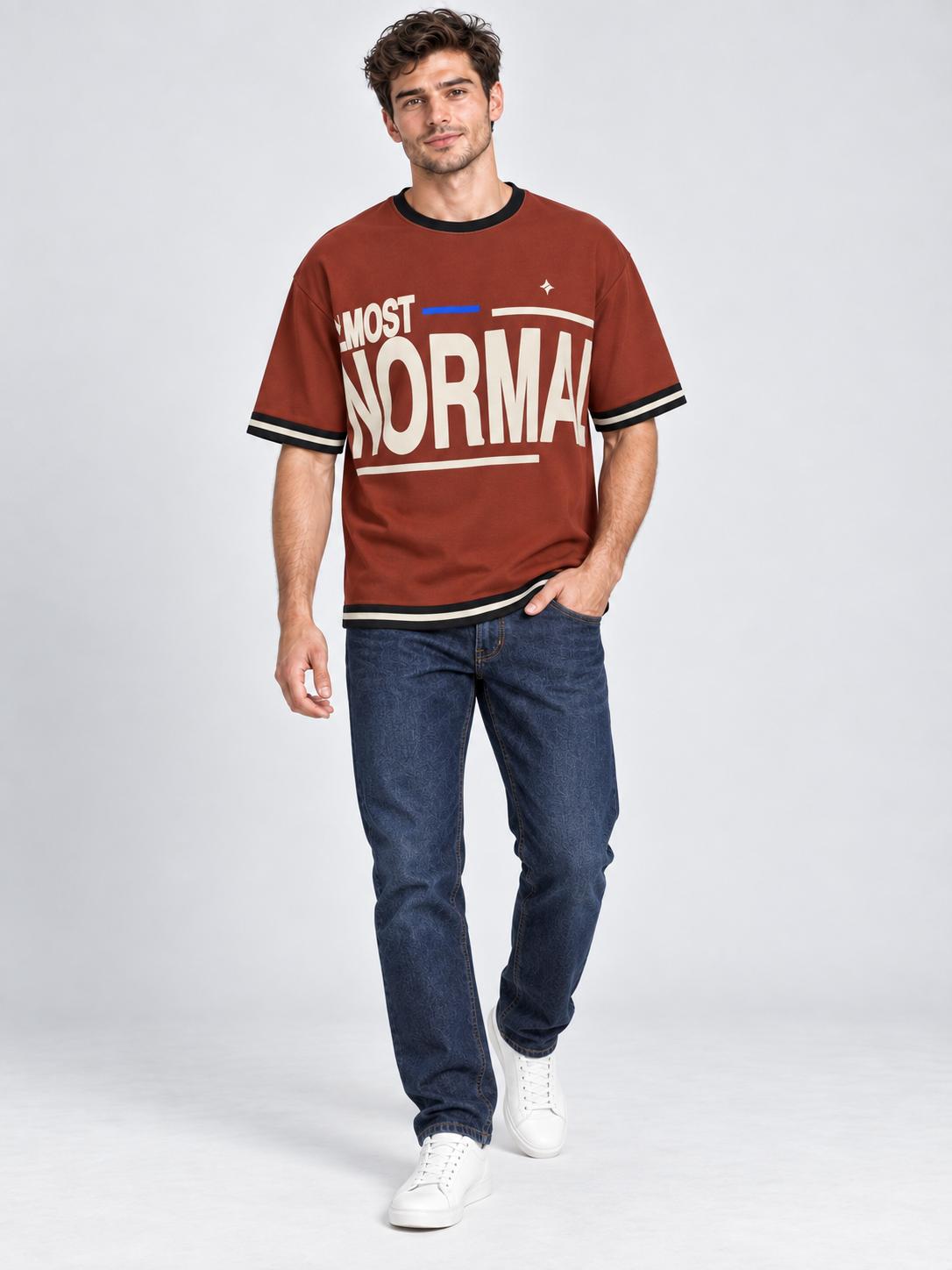 Almost Normal oversized cotton T-shirt — campaign on-model digital styling illustration with denim