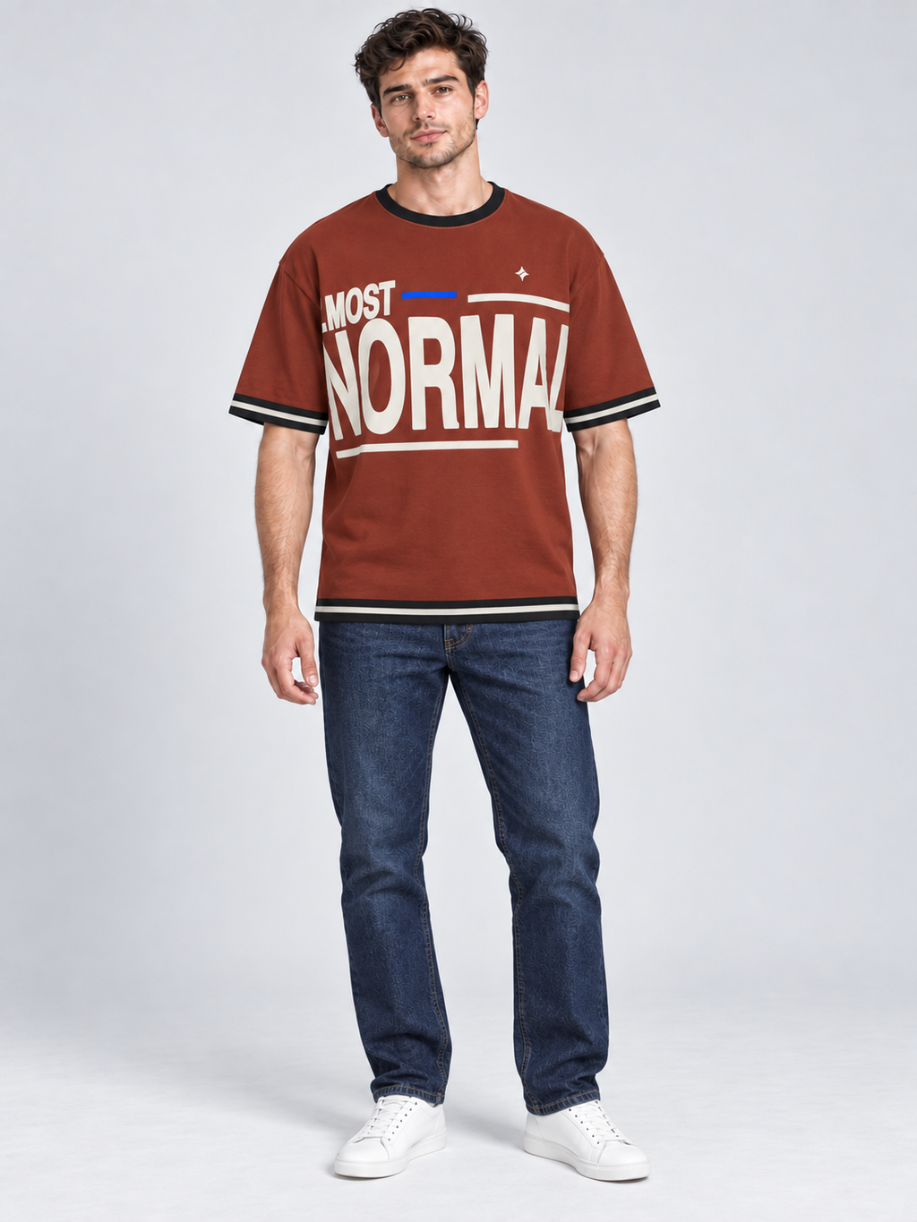 Almost Normal oversized cotton T-shirt — front on-model digital styling illustration with denim