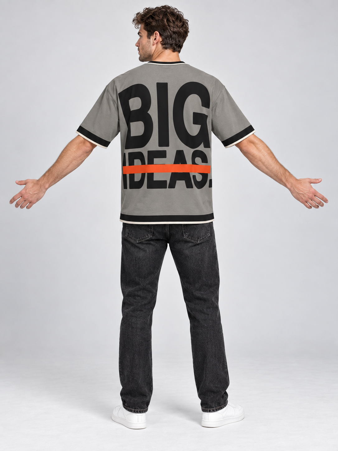 No Small Talk oversized cotton T-shirt — back on-model digital styling illustration with denim