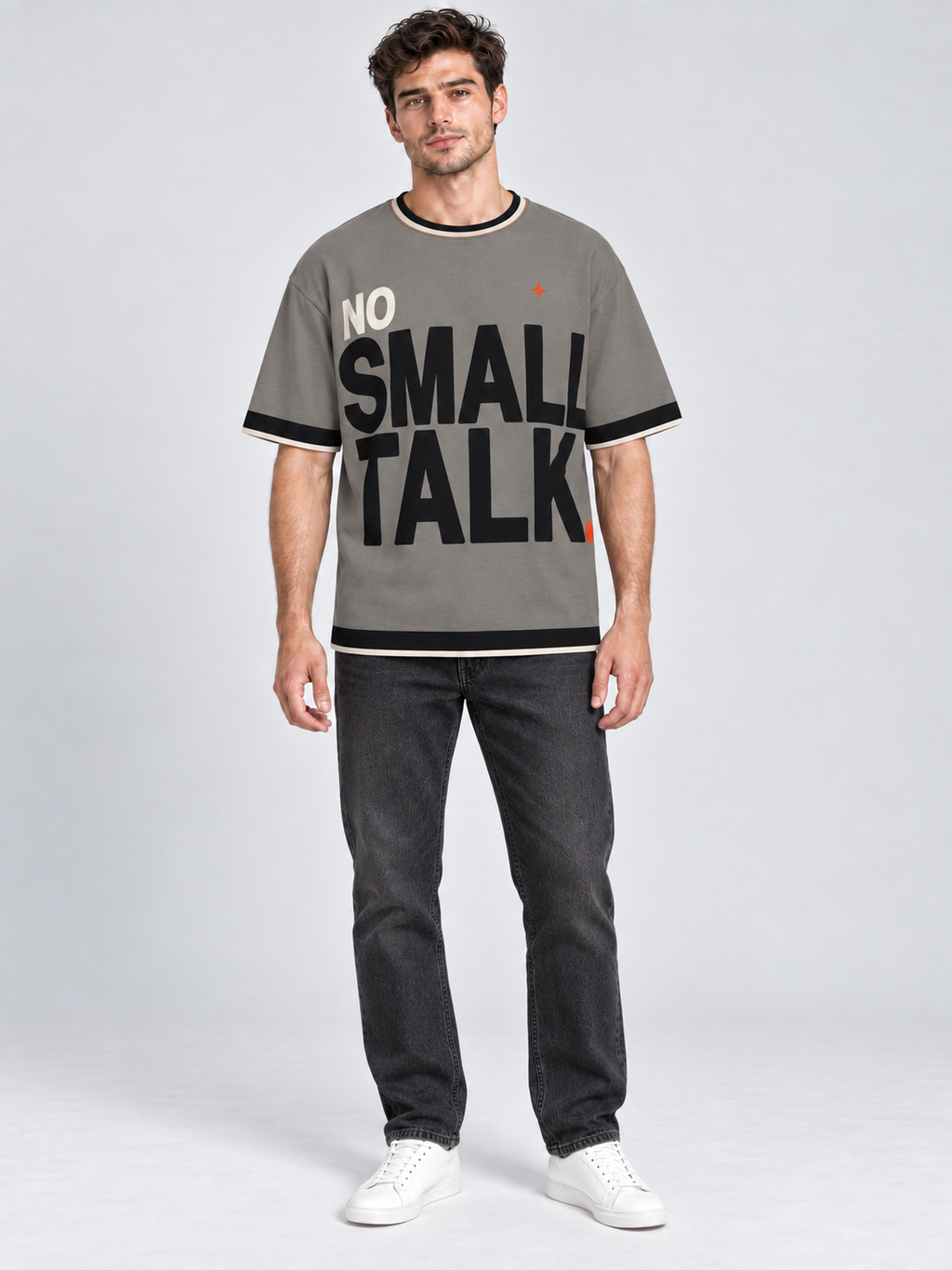 No Small Talk oversized cotton T-shirt — front on-model digital styling illustration with denim