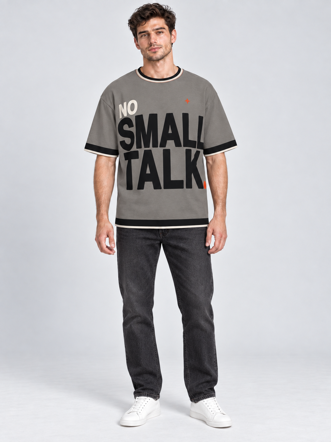 No Small Talk oversized cotton T-shirt — front on-model digital styling illustration with denim