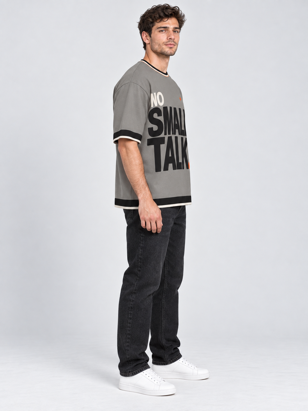 No Small Talk oversized cotton T-shirt — side on-model digital styling illustration with denim