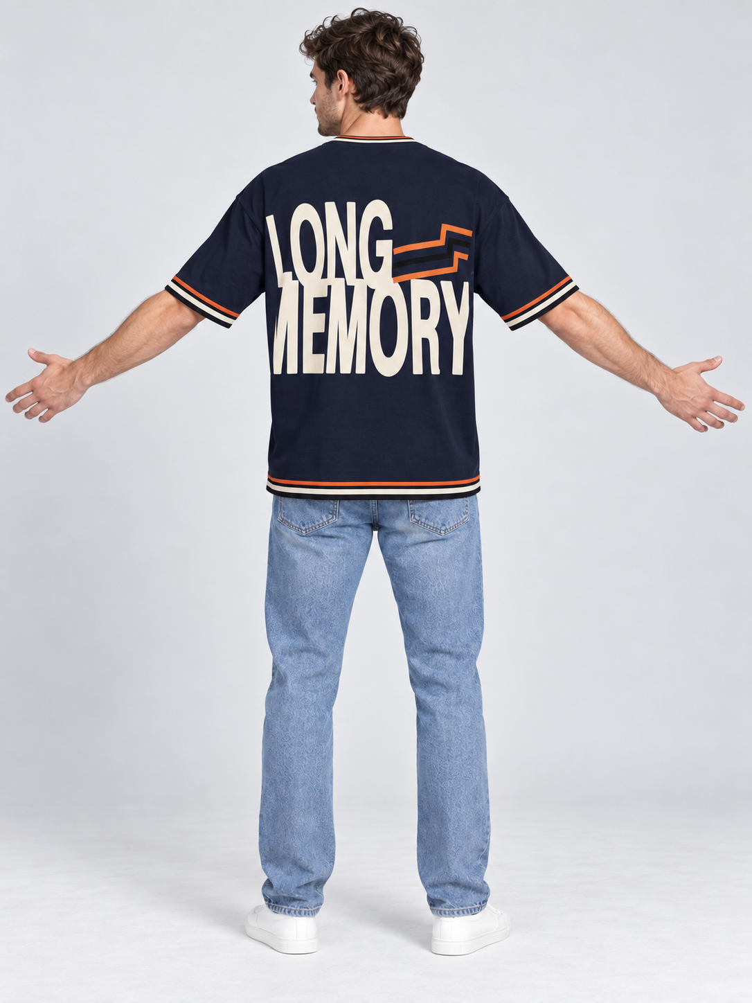 Slow Burn oversized cotton T-shirt — back on-model digital styling illustration with denim