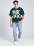 Private Mode oversized cotton T-shirt — campaign on-model digital styling illustration with denim