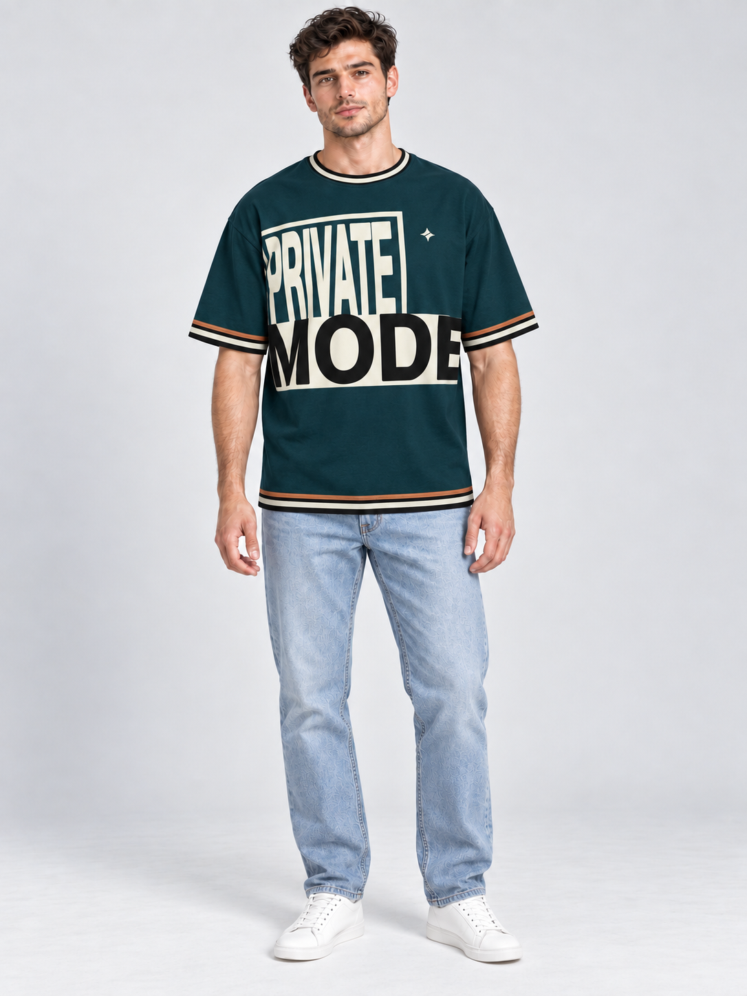 Private Mode oversized cotton T-shirt — front on-model digital styling illustration with denim