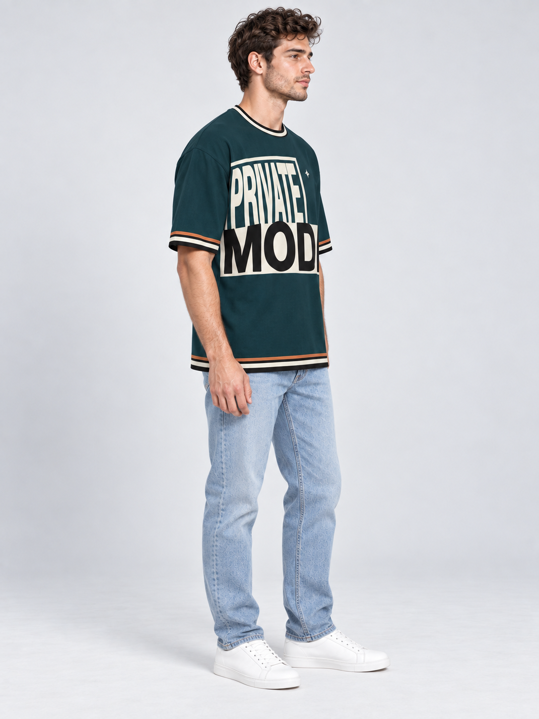 Private Mode oversized cotton T-shirt — side on-model digital styling illustration with denim