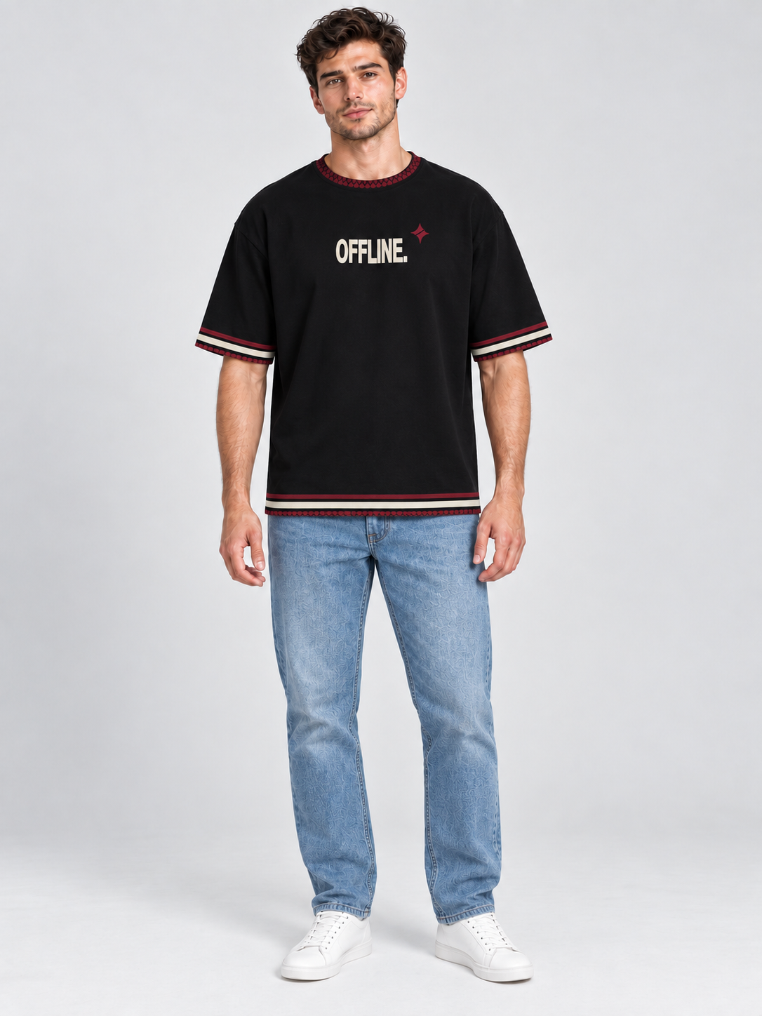 Offline With You oversized cotton T-shirt — front on-model digital styling illustration with denim