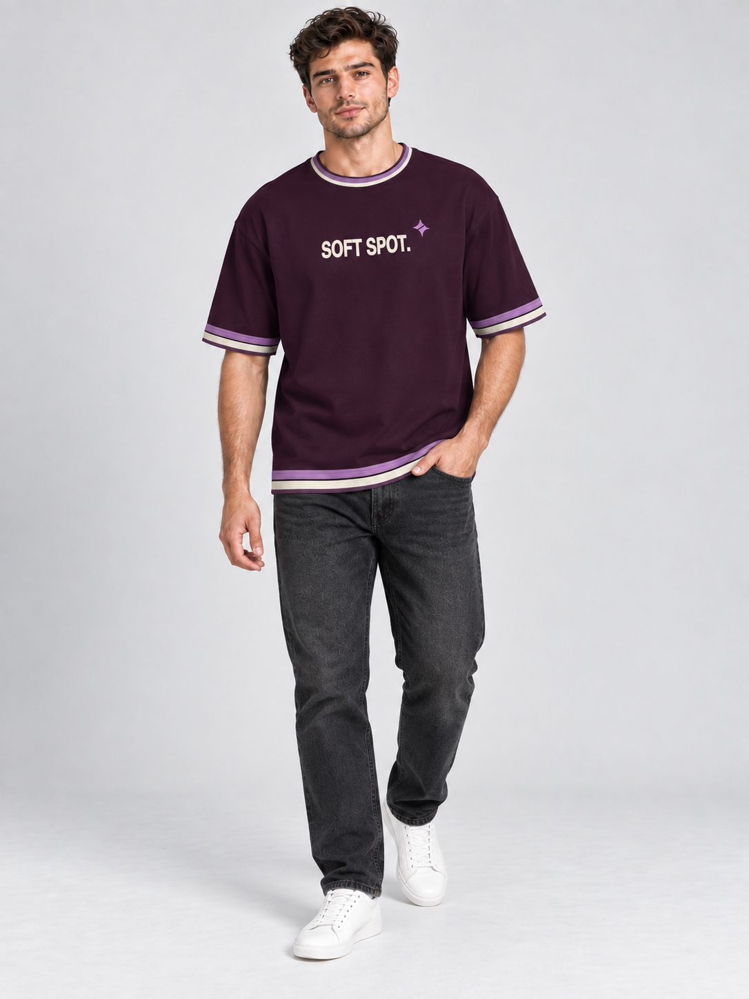 Soft Spot oversized cotton T-shirt — campaign on-model digital styling illustration with denim