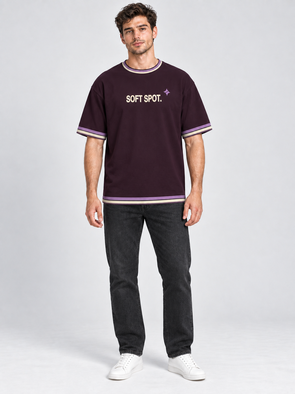 Soft Spot oversized cotton T-shirt — front on-model digital styling illustration with denim