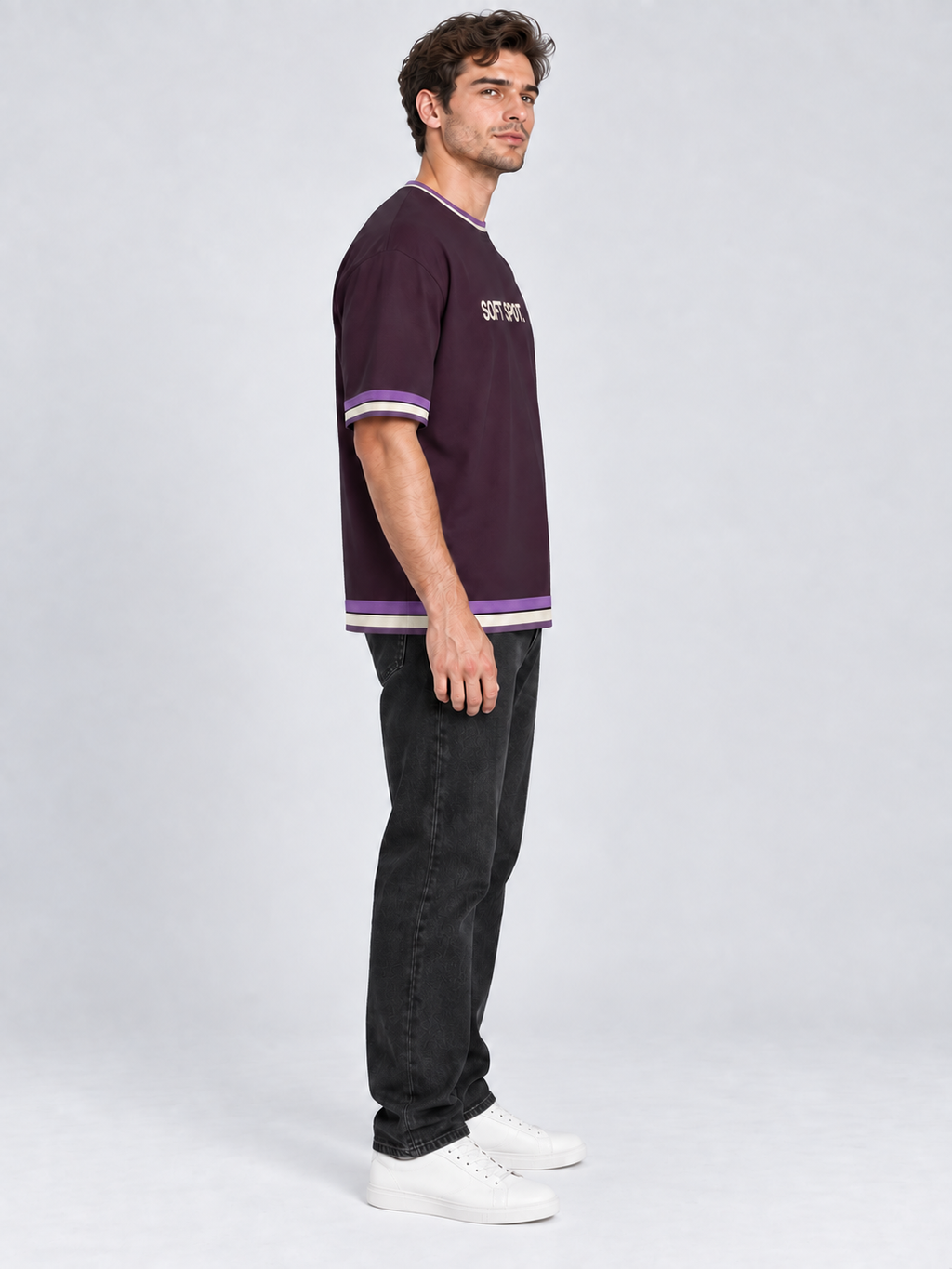 Soft Spot oversized cotton T-shirt — side on-model digital styling illustration with denim