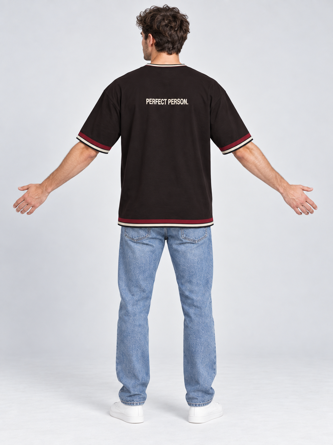 Bad Timing Perfect Person oversized cotton T-shirt — back on-model digital styling illustration with denim