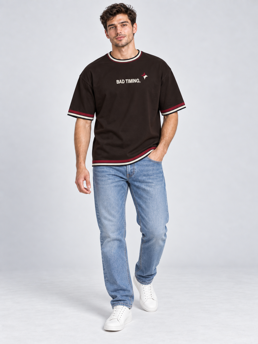 Bad Timing Perfect Person oversized cotton T-shirt — campaign on-model digital styling illustration with denim