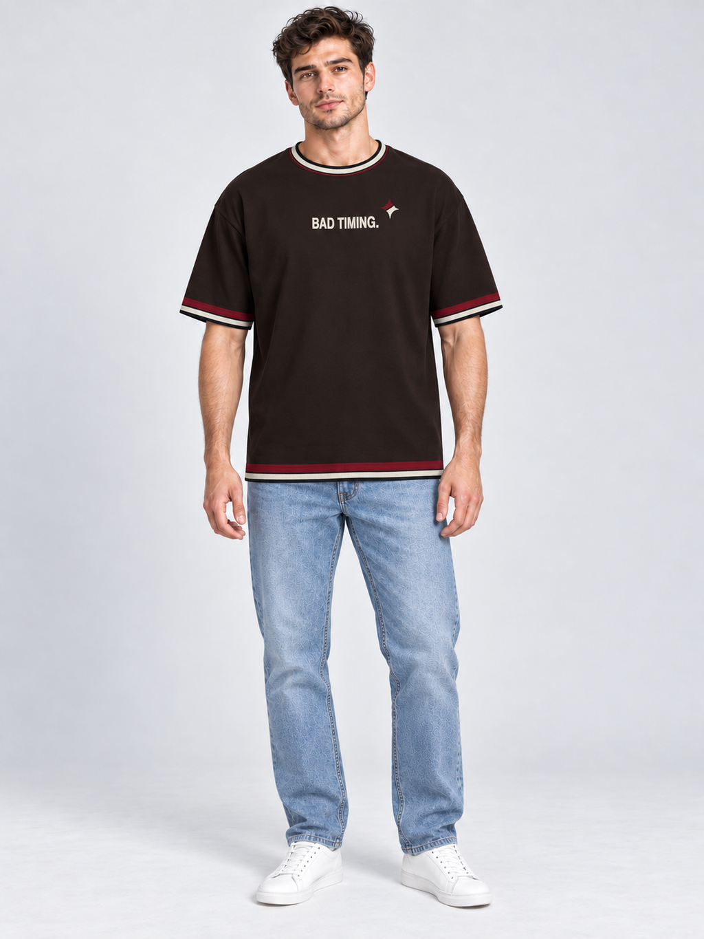 Bad Timing Perfect Person oversized cotton T-shirt — front on-model digital styling illustration with denim