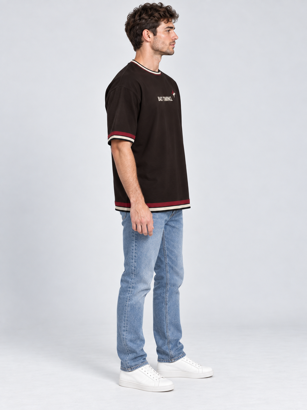 Bad Timing Perfect Person oversized cotton T-shirt — side on-model digital styling illustration with denim