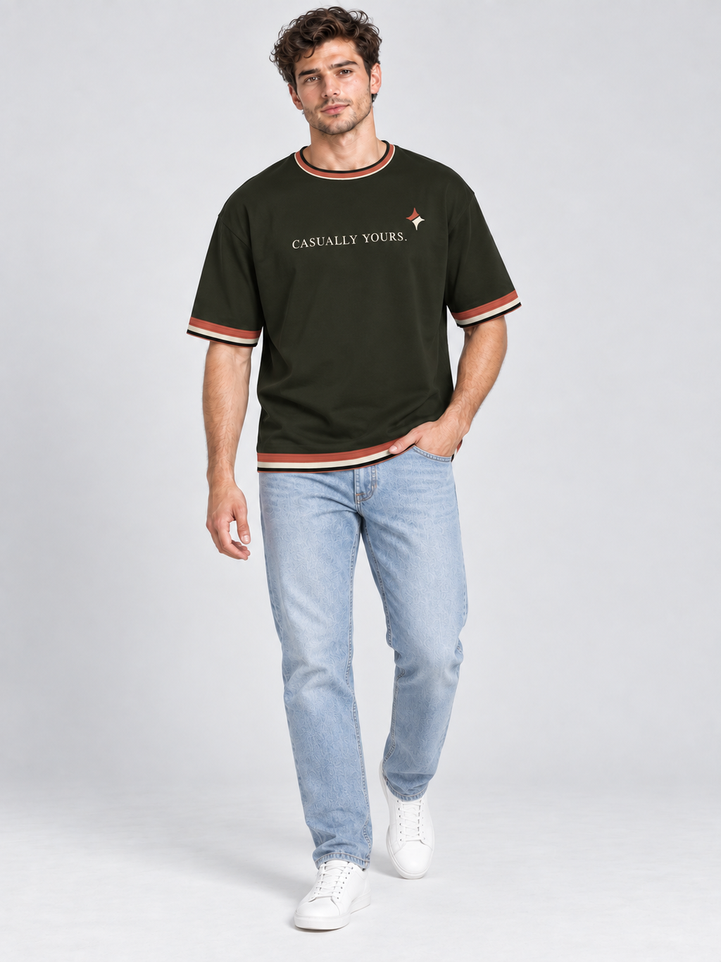 Casually Yours oversized cotton T-shirt — campaign on-model digital styling illustration with denim