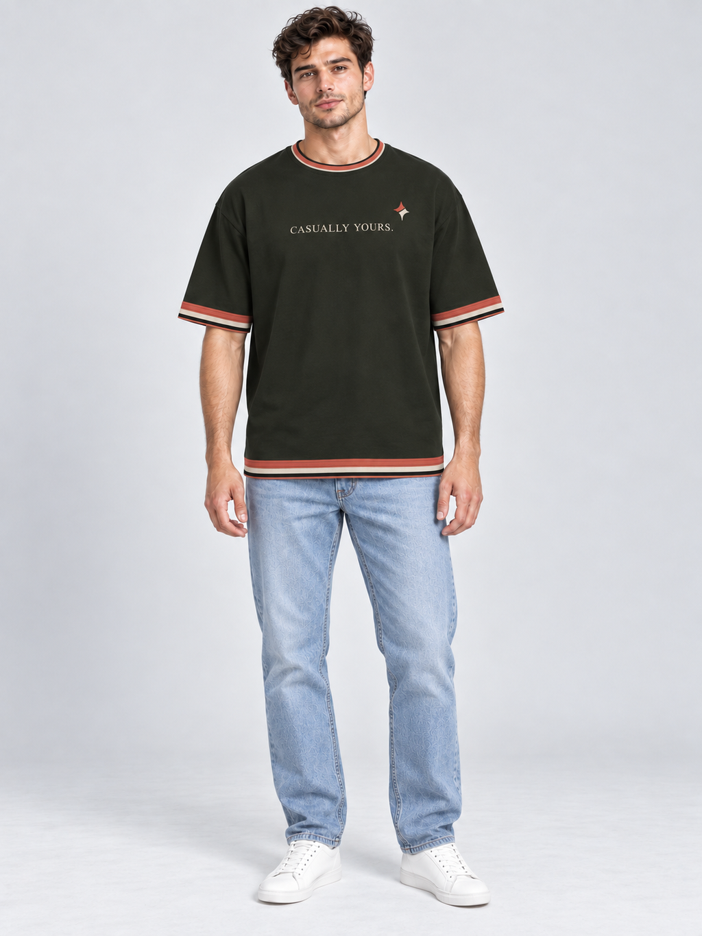 Casually Yours oversized cotton T-shirt — front on-model digital styling illustration with denim