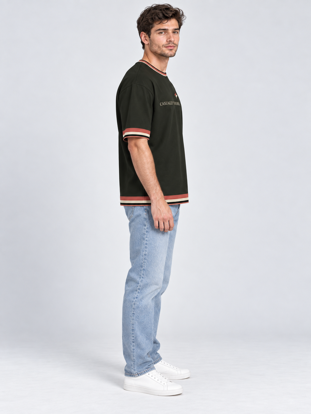 Casually Yours oversized cotton T-shirt — side on-model digital styling illustration with denim