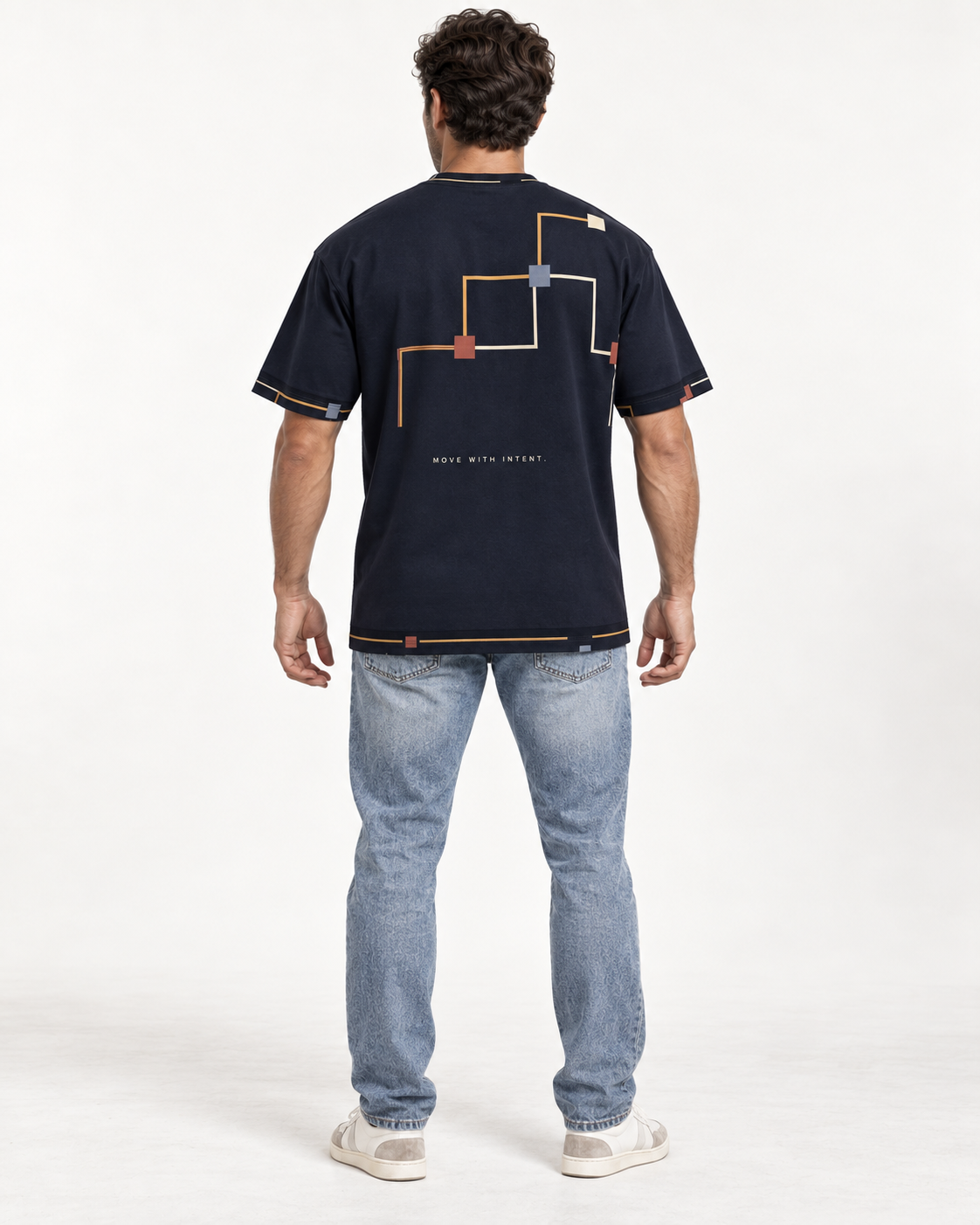 Intent Atlas boxy cotton T-shirt — back on-model AI styling illustration