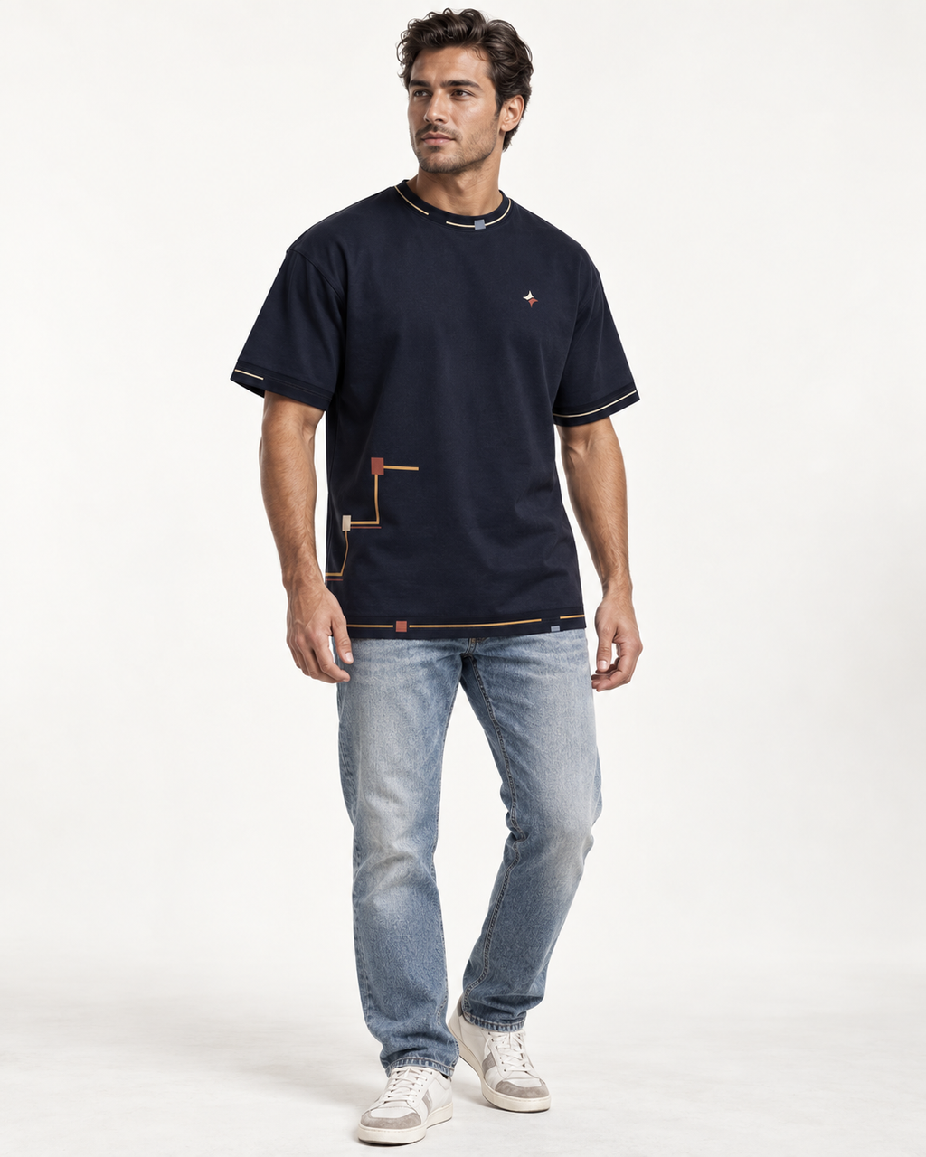 Intent Atlas boxy cotton T-shirt — front on-model AI styling illustration