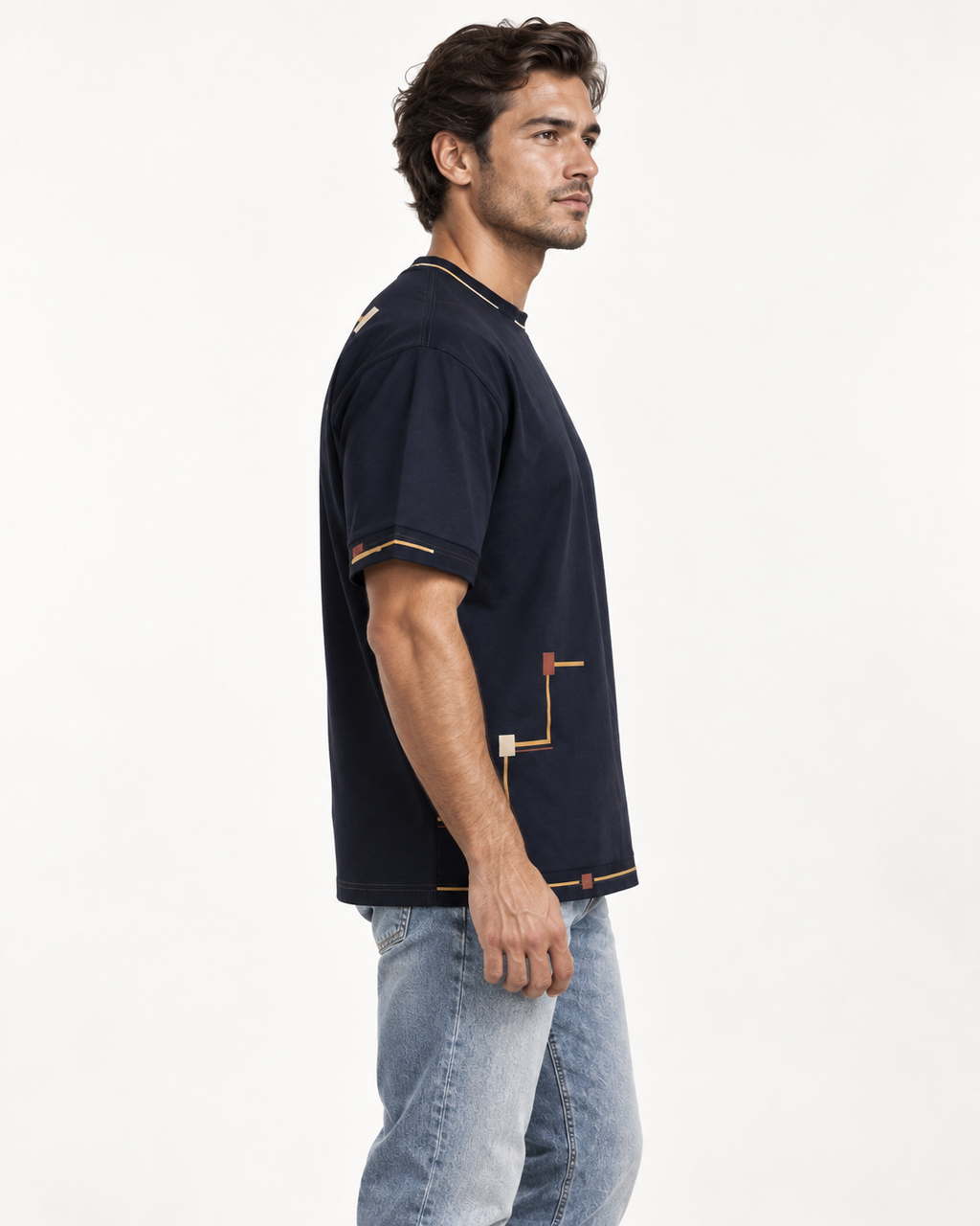 Intent Atlas boxy cotton T-shirt — side on-model AI styling illustration