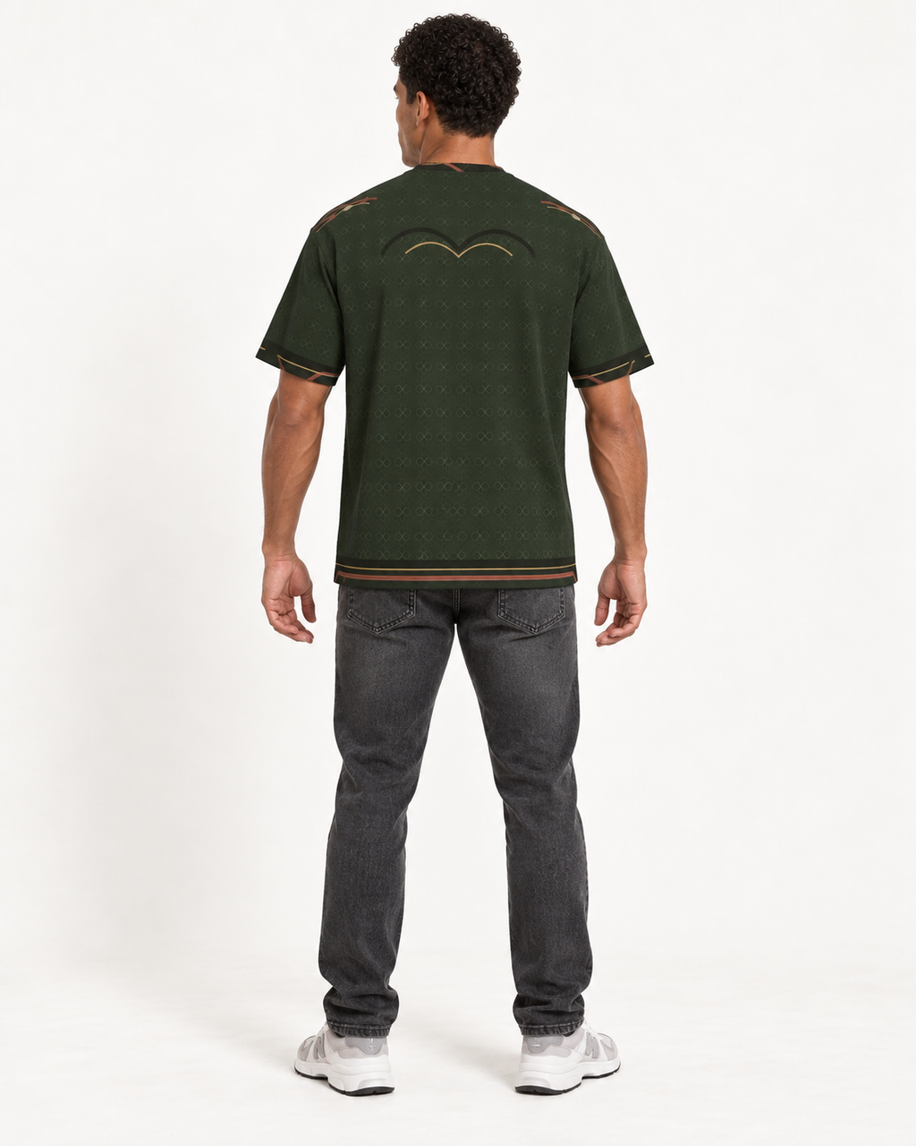 Olive Cipher boxy cotton T-shirt — back on-model AI styling illustration