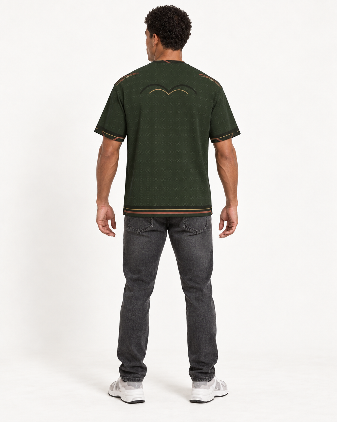 Olive Cipher boxy cotton T-shirt — back on-model AI styling illustration