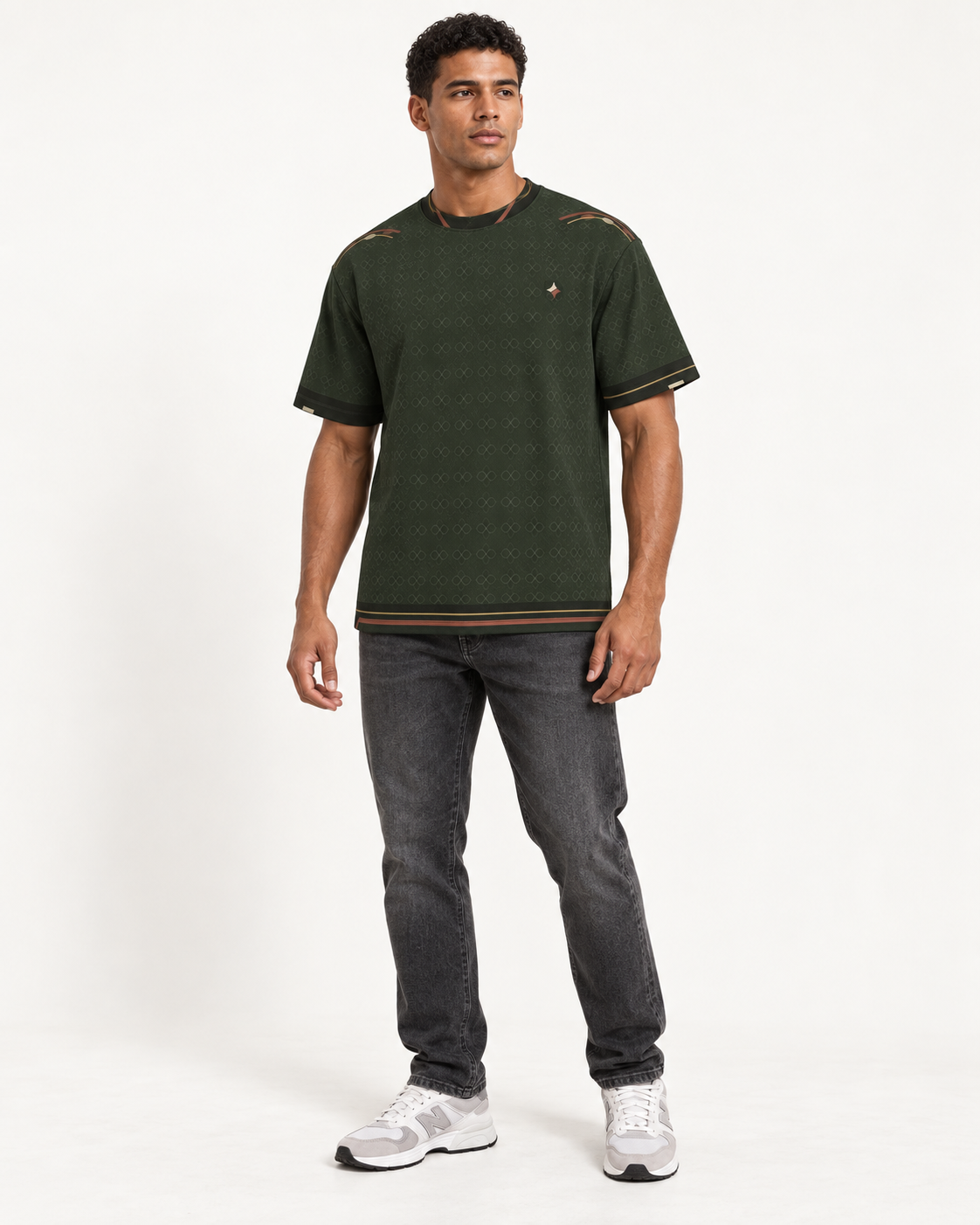 Olive Cipher boxy cotton T-shirt — front on-model AI styling illustration