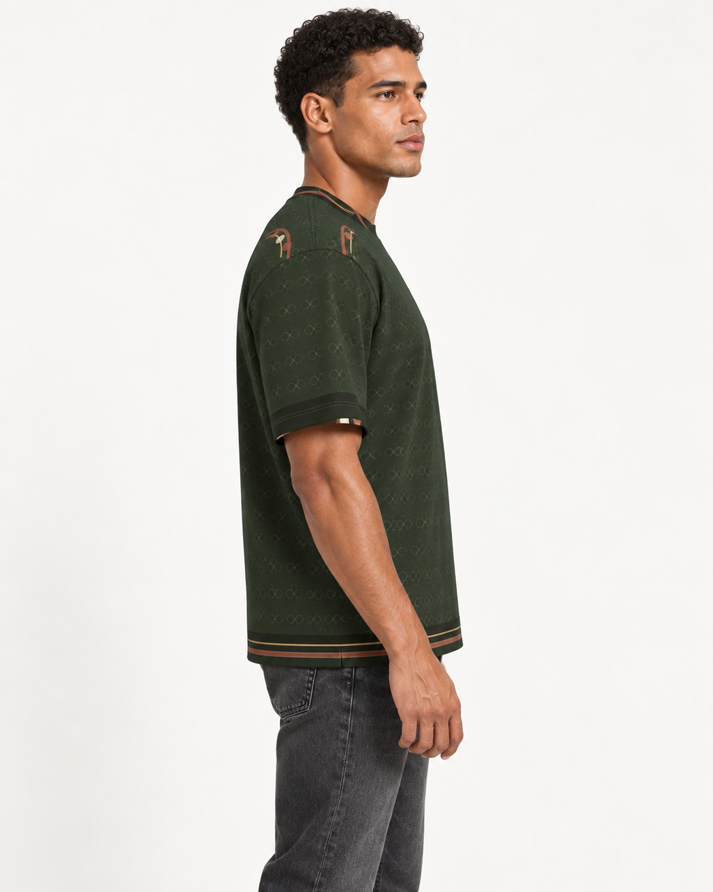 Olive Cipher boxy cotton T-shirt — side on-model AI styling illustration