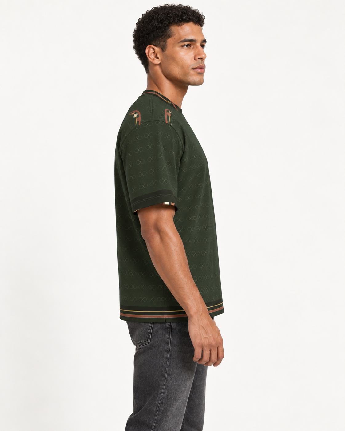 Olive Cipher boxy cotton T-shirt — side on-model AI styling illustration